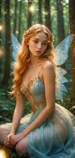 A beautiful fairy in an enchanted forest with glowing lights around her.