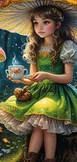 Young girl in green dress sitting under a large mushroom with a teacup.