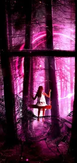 Magical forest with pink glowing light and a mystic atmosphere.