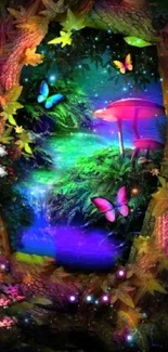 Enchanted forest wallpaper with butterflies, mushrooms, and a waterfall in vibrant colors.