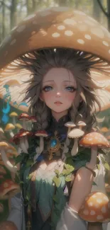 Fantasy art of a mystical character in an enchanted forest with mushrooms.