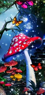 Fantasy forest wallpaper with mushrooms and butterflies.