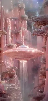 Fantasy forest with pink cliffs and UFO.