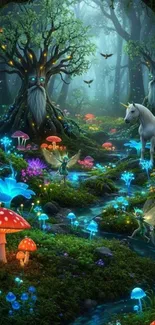 Enchanted forest with mythical creatures and glowing mushrooms.