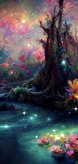 Enchanted forest with vibrant colors and mystical lighting, perfect for fantasy lovers.