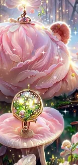 Fantasy scene with pink flora and mystical ambience.