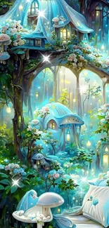 Enchanted blue forest with glowing cottages and mushrooms.