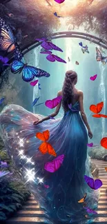 Woman in a flowing dress surrounded by butterflies in an enchanted forest.