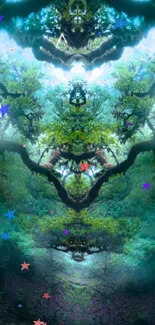 Enchanted forest wallpaper with vibrant stars and mystical trees.