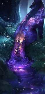 Mystical forest with purple hue and flowing water under moonlight.