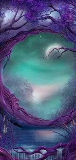 Purple enchanted forest with moonlit sky.