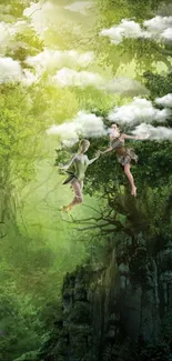 Fantasy art of figures in an enchanted forest with clouds and lush greenery.