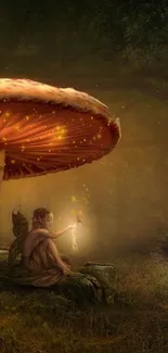 Enchanted forest with fairy beneath glowing mushroom.