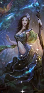 Fantasy artwork of a mystical sorceress in an enchanted forest with ethereal lights.