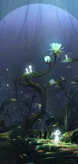 Fantasy forest with glowing plants and ethereal creatures.