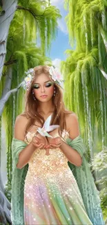 Ethereal woman in enchanted forest holding magical bird.