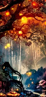 Enchanted forest with glowing lights and mystical tree in fantasy art wallpaper.