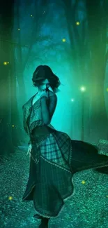 Mystical night scene in an enchanted forest with glowing lights and a mysterious woman.