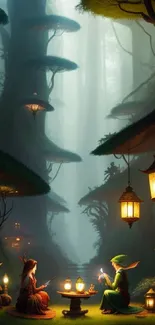 Magical forest with wizards in an enchanted evening setting, featuring glowing lanterns.