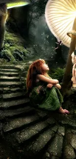Enchanted forest with fairies and glowing mushrooms.