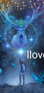 Fantasy wallpaper with glowing stag, blue lights, and butterflies in the forest.