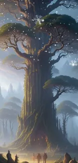 Fantasy wallpaper of an enchanted mystical tree in a serene landscape.