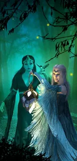 Fantasy art wallpaper with mystical forest scene and two ethereal characters.