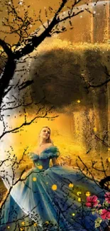 Enchanted forest fantasy art with lady in blue dress.