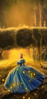 Fantasy scene with woman in blue dress in a glowing enchanted forest.