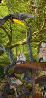 Fantasy creatures in enchanted forest with dragon and fairies.