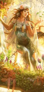 Fantasy artwork of a mystical forest scene with a mythical figure and vibrant flora.