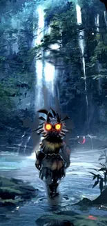 Mystical creature in forest with glowing eyes by waterfall.