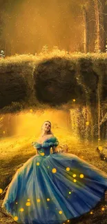 Fantasy wallpaper with a woman in a blue dress in an enchanted forest.