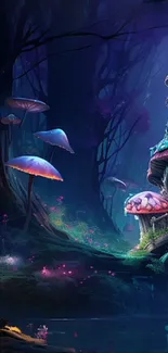 Enchanted forest with glowing mushrooms and a fairy tale house in a dark, mystical setting.