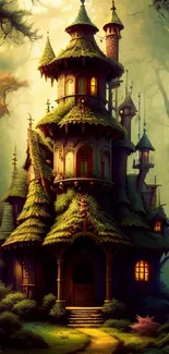 Enchanted fantasy house in a mystical forest with lush greenery.