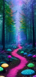 Enchanted forest path with vibrant mushrooms in a mystical setting.