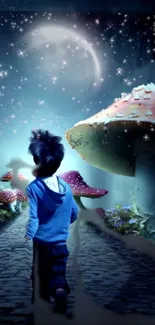 Child walking in a magical forest with glowing mushrooms and starry sky.