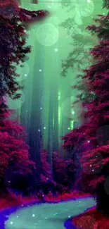 A vibrant forest scene with purple and green hues creating a magical atmosphere.