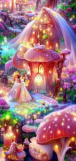 Fantasy wallpaper featuring an enchanted forest with glowing mushrooms.