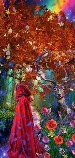 Red-hooded figure with deer in enchanted forest with butterflies.