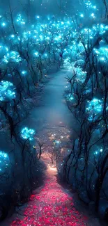 Mystical blue forest with red path wallpaper.