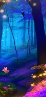 Enchanted forest with fairies and glowing flowers amidst vibrant blue hues.