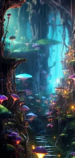 Mystical forest wallpaper with glowing mushrooms and ethereal lights.