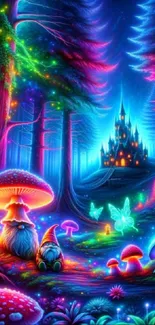 Neon enchanted forest with castle and glowing mushrooms.