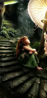 Enchanted forest with fairies and glowing mushrooms.