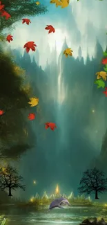 Fantasy forest wallpaper with waterfall and dolphin.