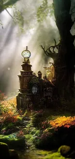 Whimsical clockwork castle in a mystical forest with rays of light.