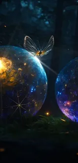 Enchanted forest with glowing spheres and a mystical butterfly.