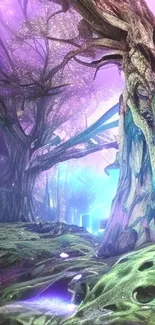 Fantasy forest wallpaper with purple hues and magical trees.