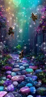 Mobile wallpaper with fairies in an enchanted, colorful forest path.